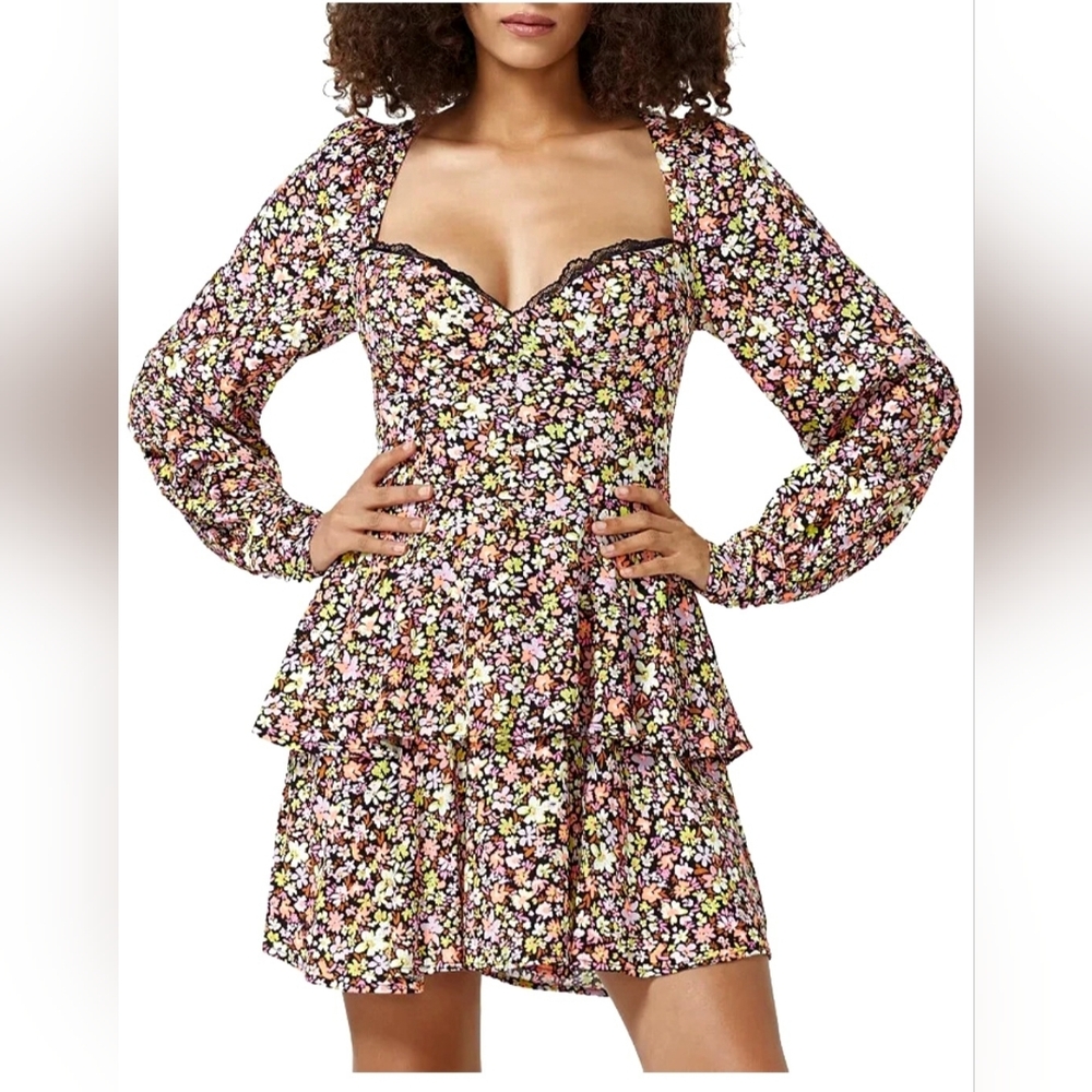 AFRM Modesto Sweetheart Long Sleeve Mini Dress Womens M Black Multi Neon Floral - Picture 2 of 16